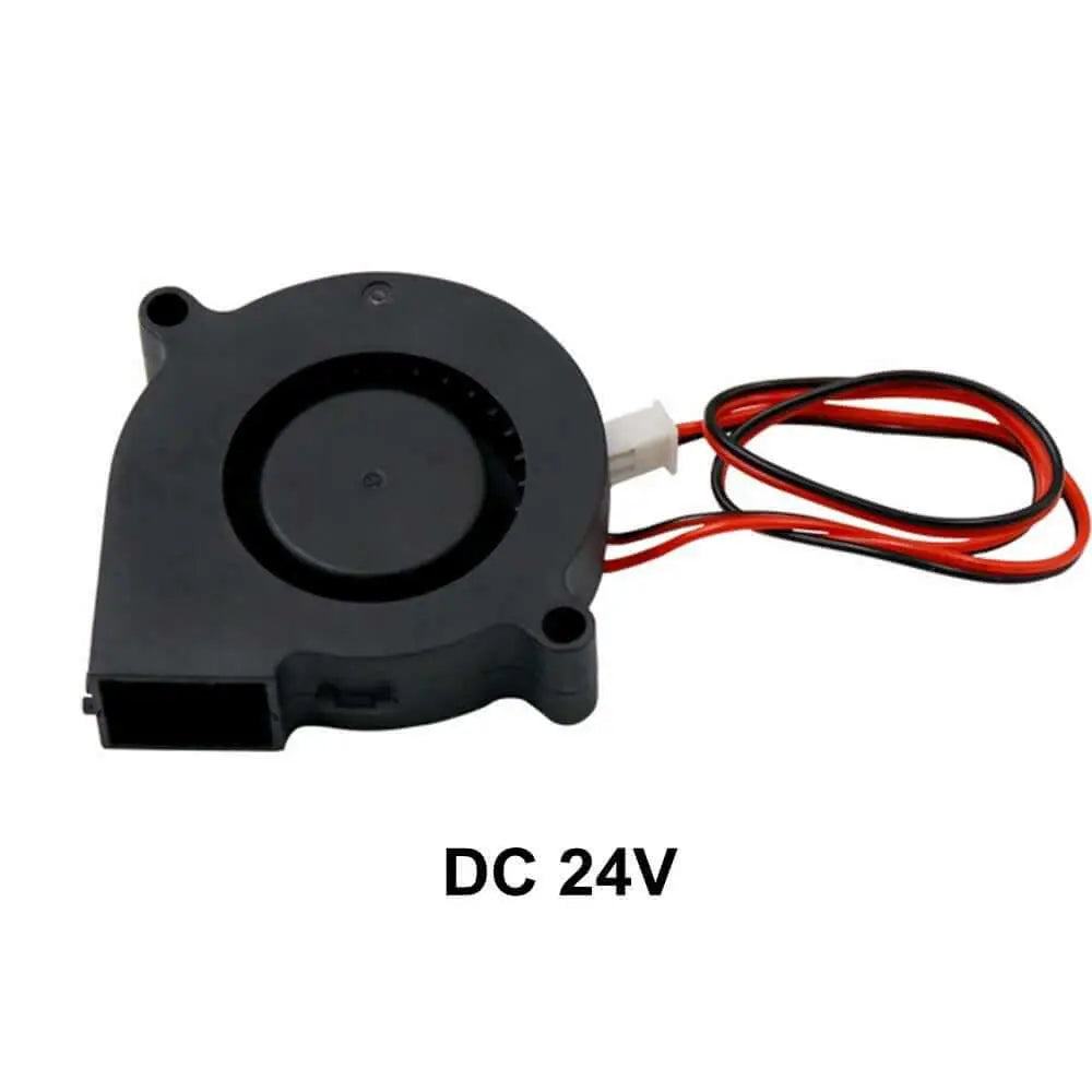 Black plastic 12V 24V cooling turbine fan with wiring, ideal for heatsink cooling.