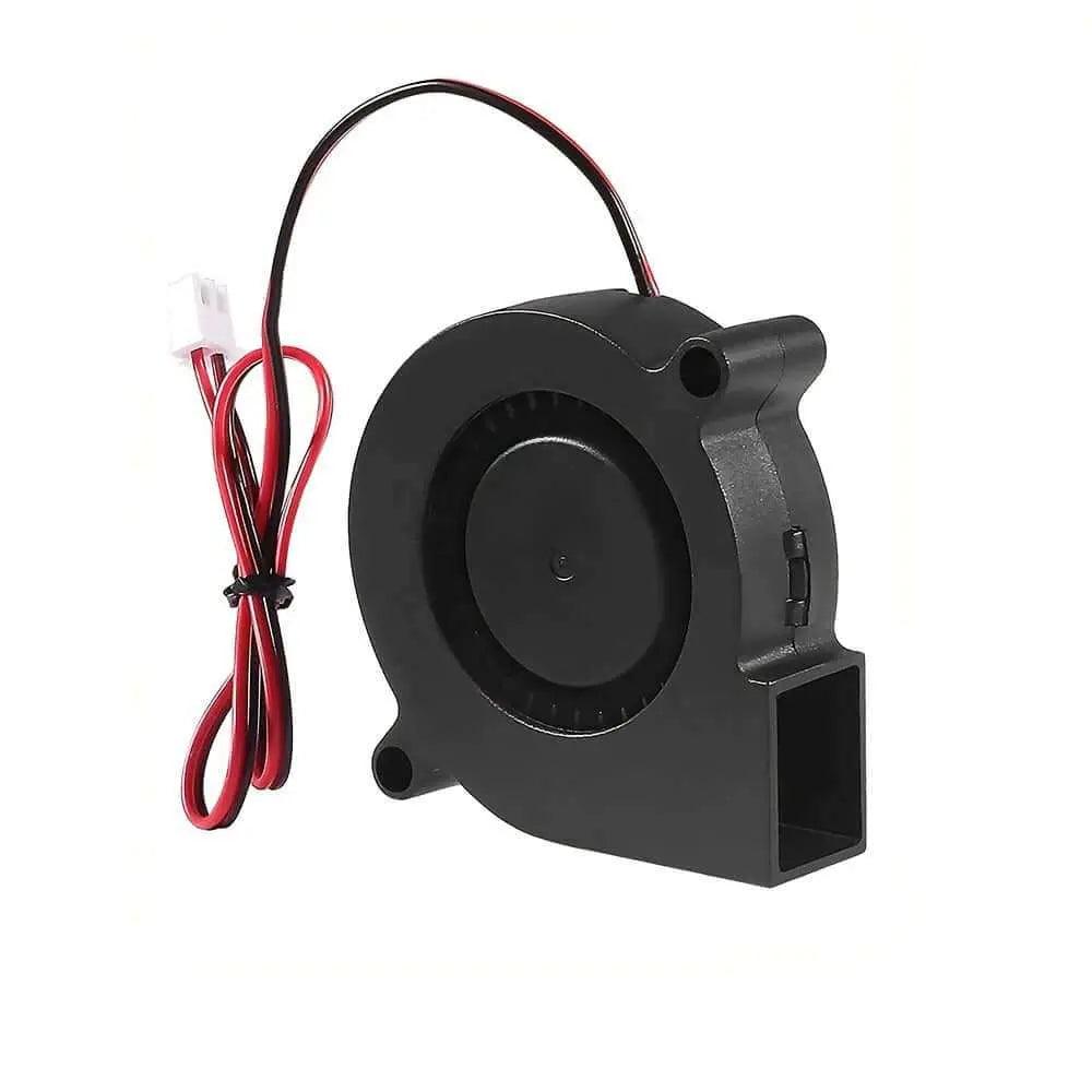 Black plastic 12V 24V cooling turbine fan with dual red and black wires for efficient heat dissipation.