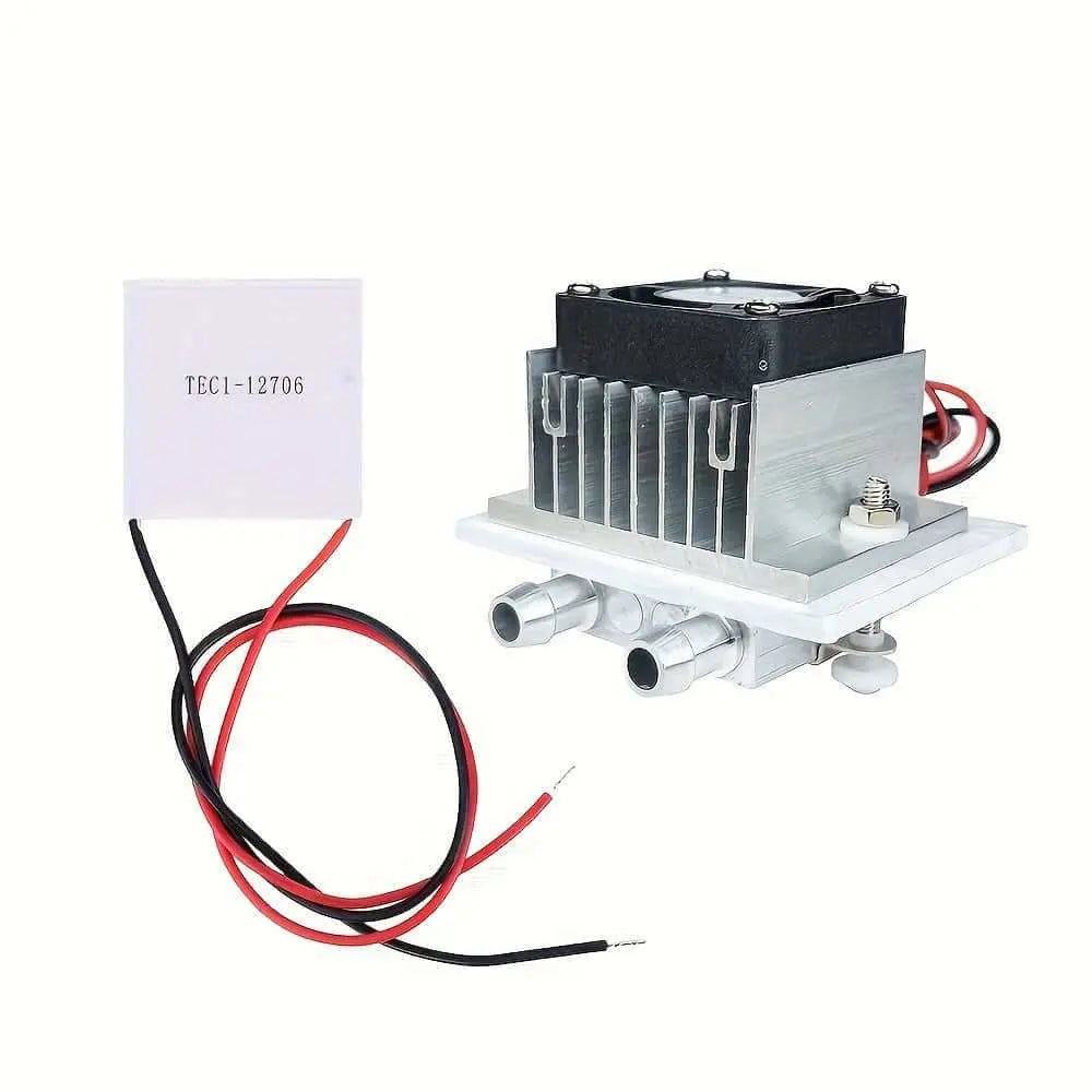 TEC1-12706 Peltier cooler component for 12V DC water cooling system kit from pkamazone, includes heat sink and wiring.
