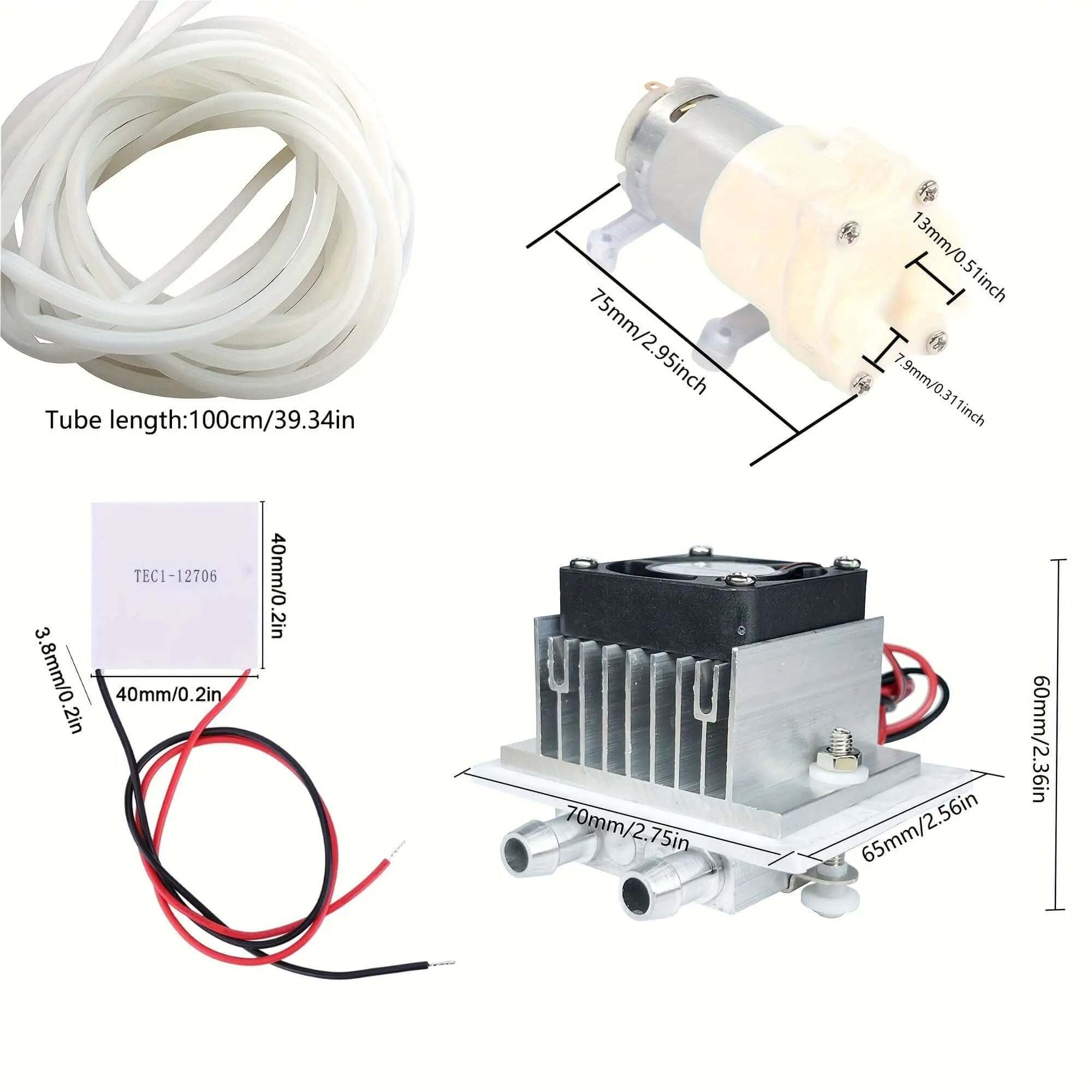 12V DC Water Cooling System Kit components: pump, TEC1-12706 Peltier, tubing, for efficient cooling. Ideal for pkamazone.