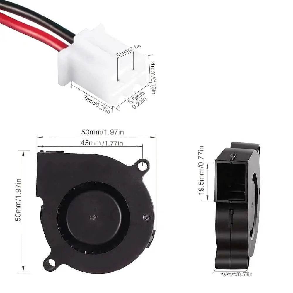 12V 24V black plastic cooling turbine fan with dimensions and specifications.