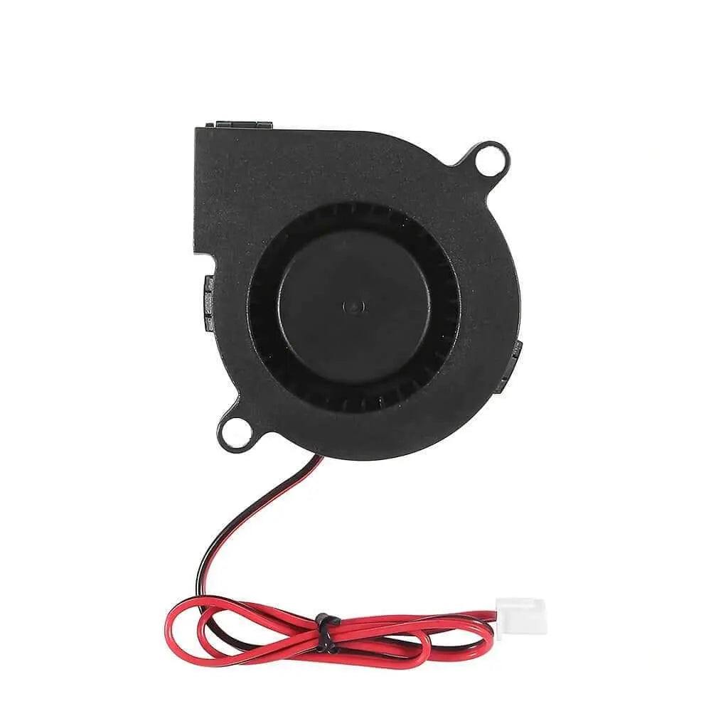 Black plastic cooling turbine fan for 12V/24V applications with low noise.