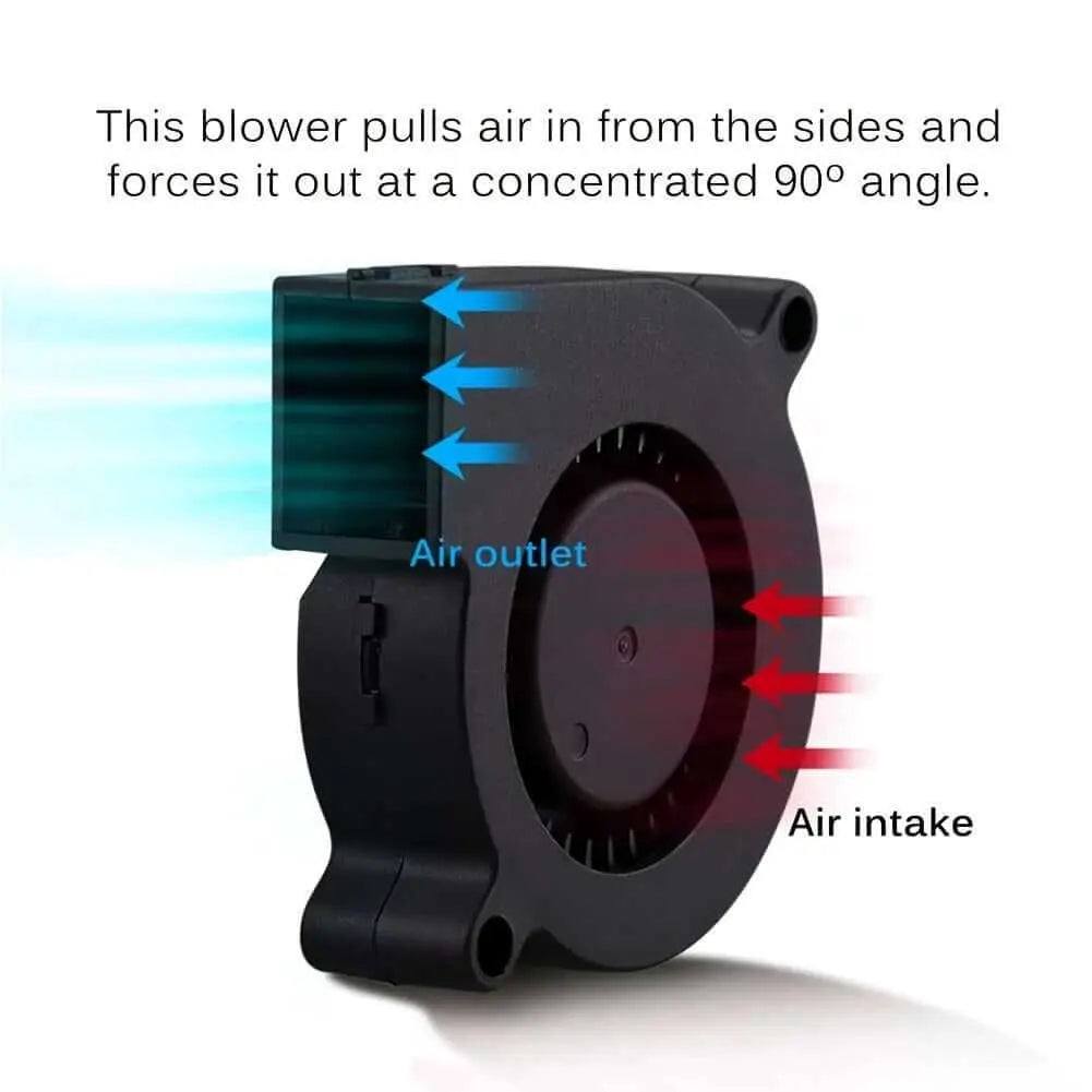 Black plastic cooling turbine fan showcasing air intake and outlet, designed for 12V/24V operation.