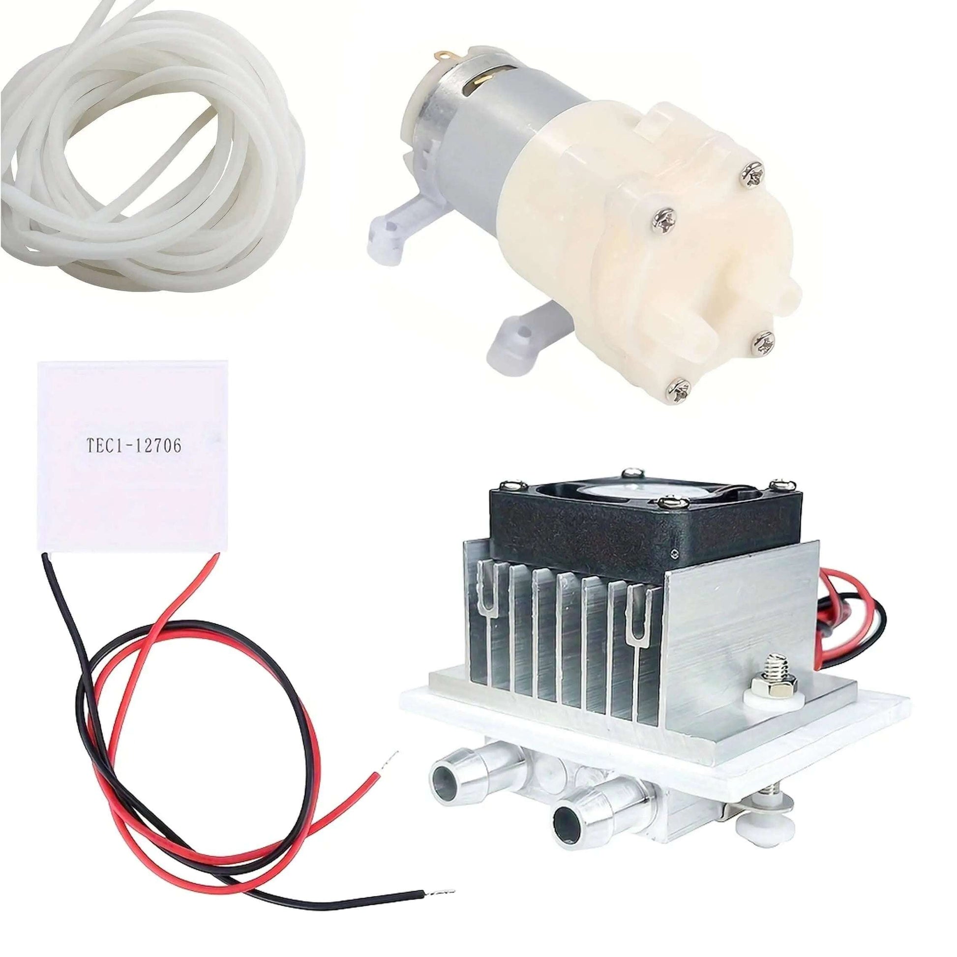 12V DC water cooling system kit components including diaphragm pump, cooling system kit, TEC1-12706 Peltier, and tubing.
