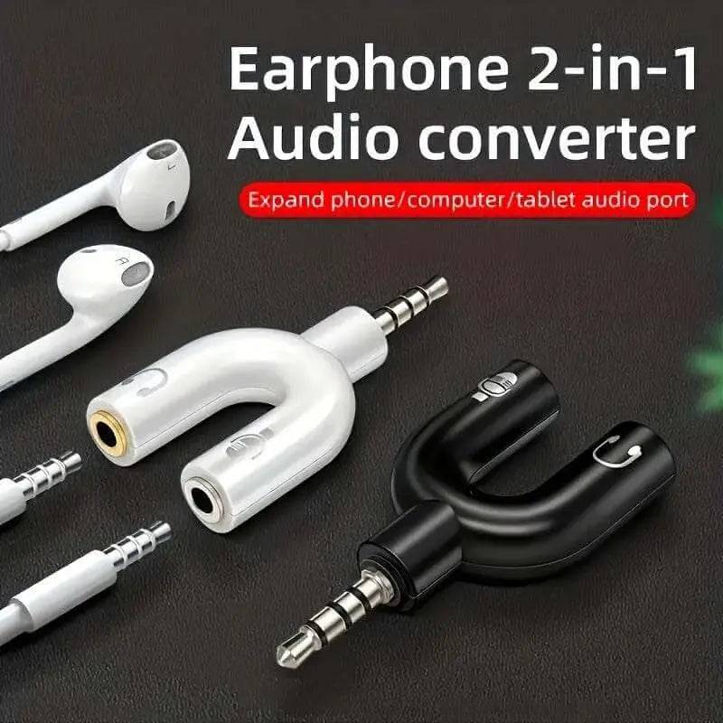 Earphone 2-in-1 audio converter for multiple headphone output, compatible with phone, computer, and tablet.