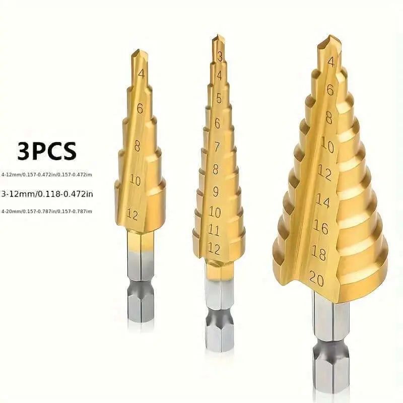 3 piece titanium coated drill bits set for wood, metal, and plastic.
