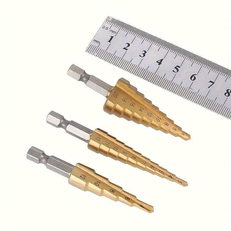 3 piece titanium coated drill bits with ruler for scale.