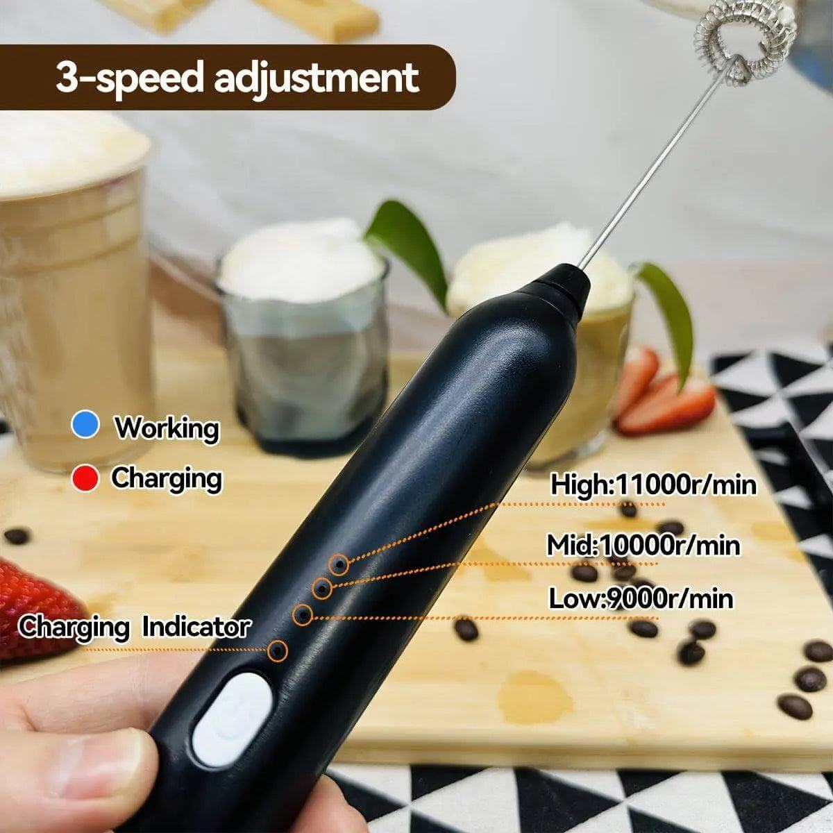 Handheld Electric Blender with 3-speed adjustment and charging indicator.