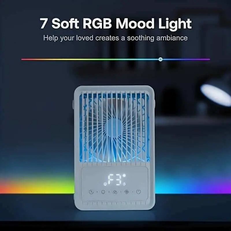 Portable air conditioner with 7 RGB mood lights for room, office, desk, camping.