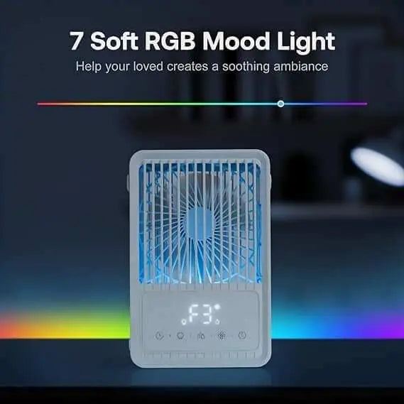 Portable air conditioner with RGB mood light for cooling personal spaces.
