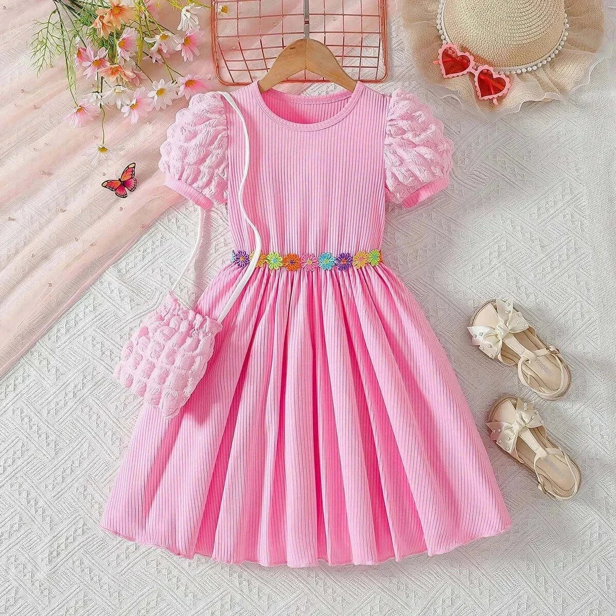 Pink cross border girls dress with puffed bubble sleeves, vertical stripes, floral waist embroidery, and matching purse.