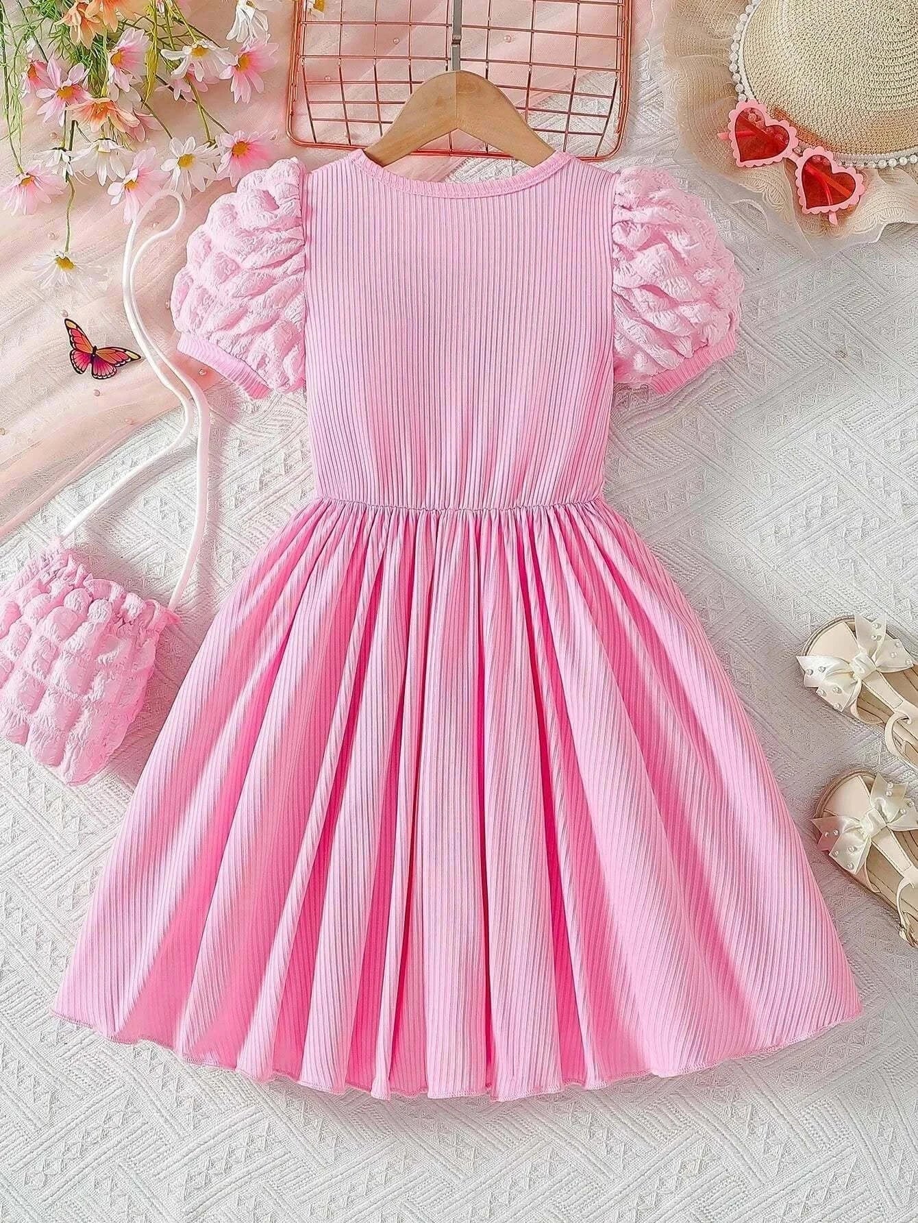 Pink cross border girls dress with puffed bubble sleeves and vertical stripes, decorated with embroidered flower design at the waist, summer princess style.