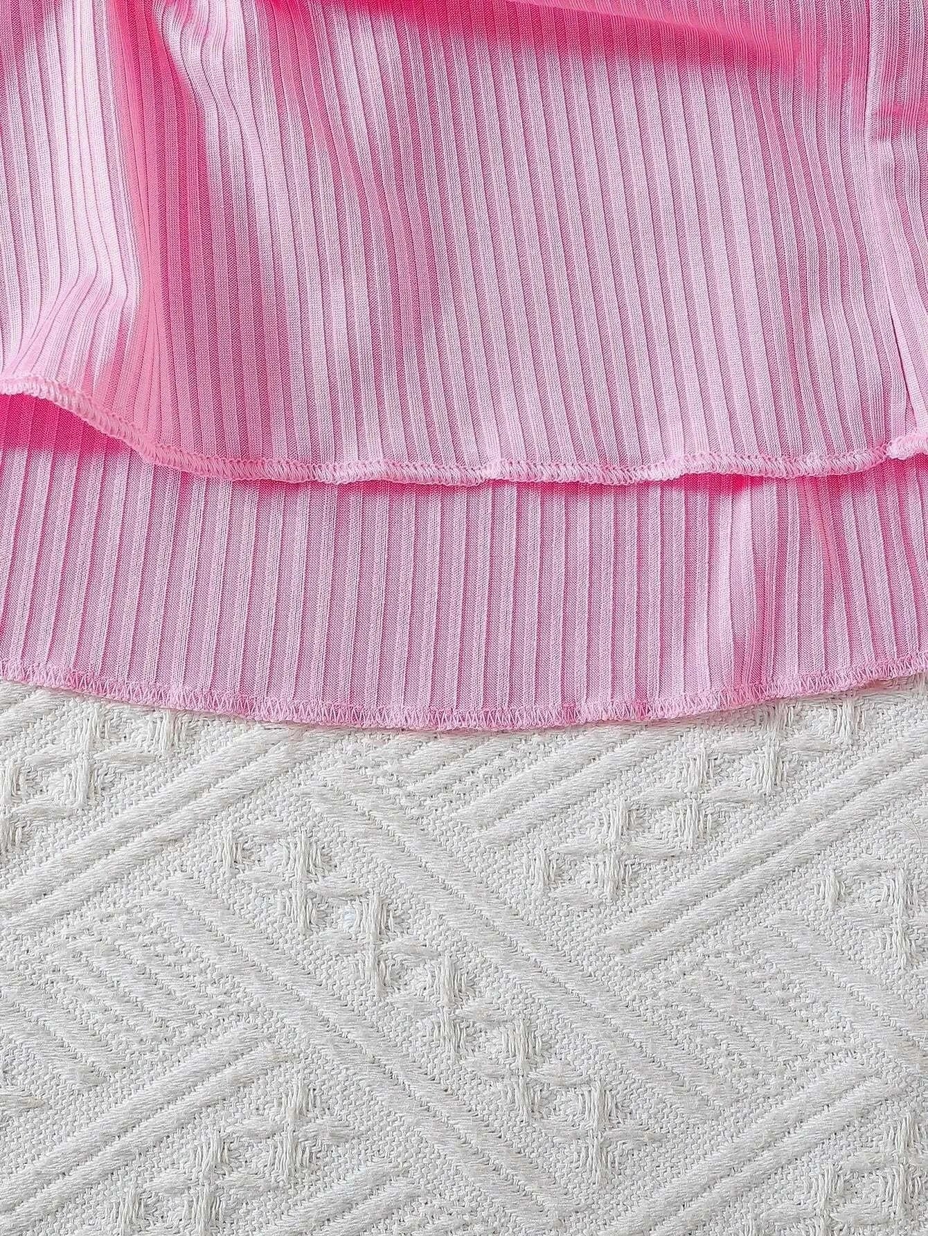 Pink cross border girls dress with vertical stripes and embroidered flower design at the waist, stylish summer princess dress detail.