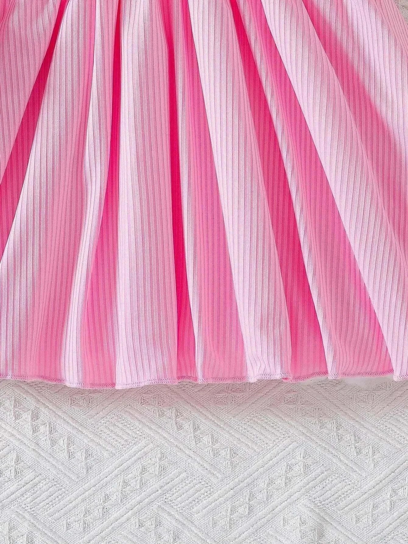 Pink and white vertical striped cross border girls dress with pleated skirt and embroidered flower design
