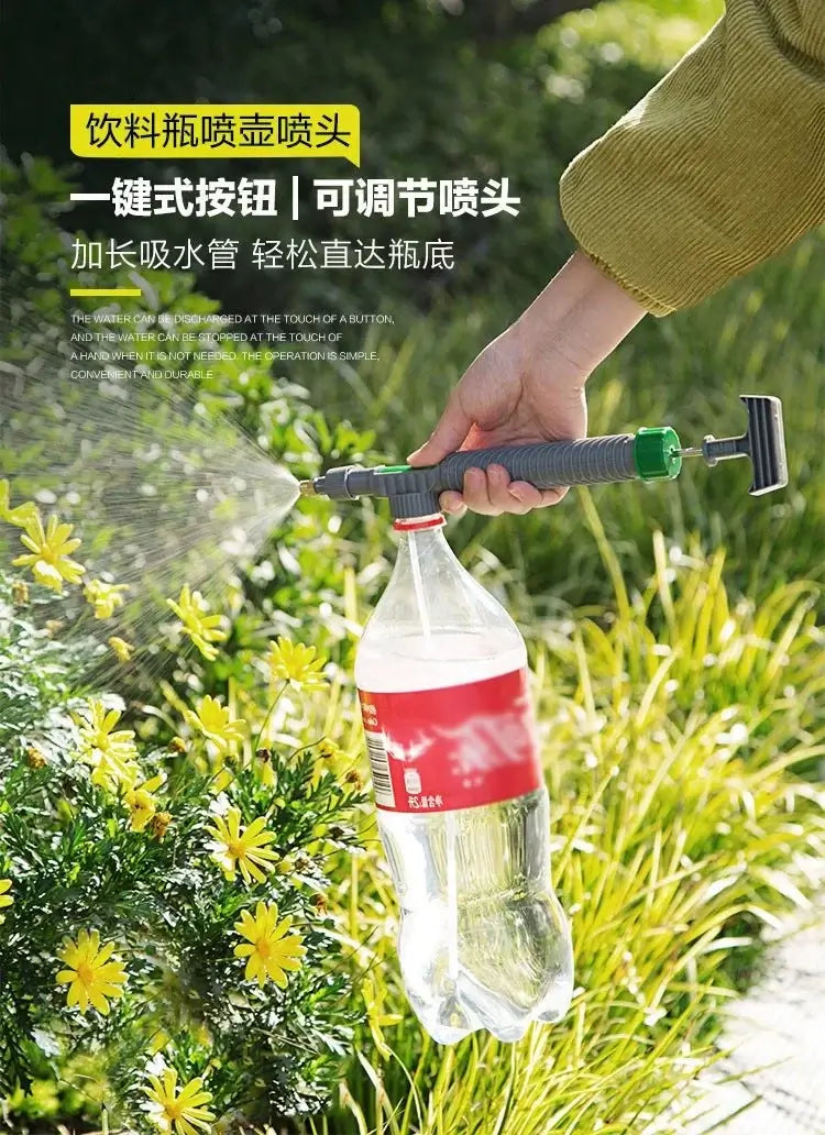 Beverage Bottle Sprayer used for watering flowers with ergonomic handle and adjustable nozzle, ideal for home and garden care.