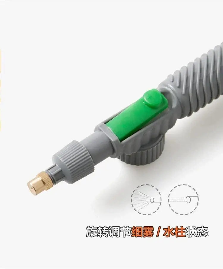 Close-up of a gray beverage bottle sprayer nozzle with a green adjustment lever for versatile watering and disinfection.