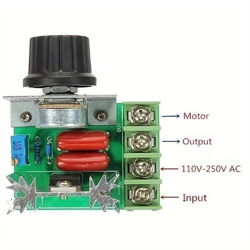 AC motor speed controller with wiring terminals and adjustable knob for precise motor speed regulation.