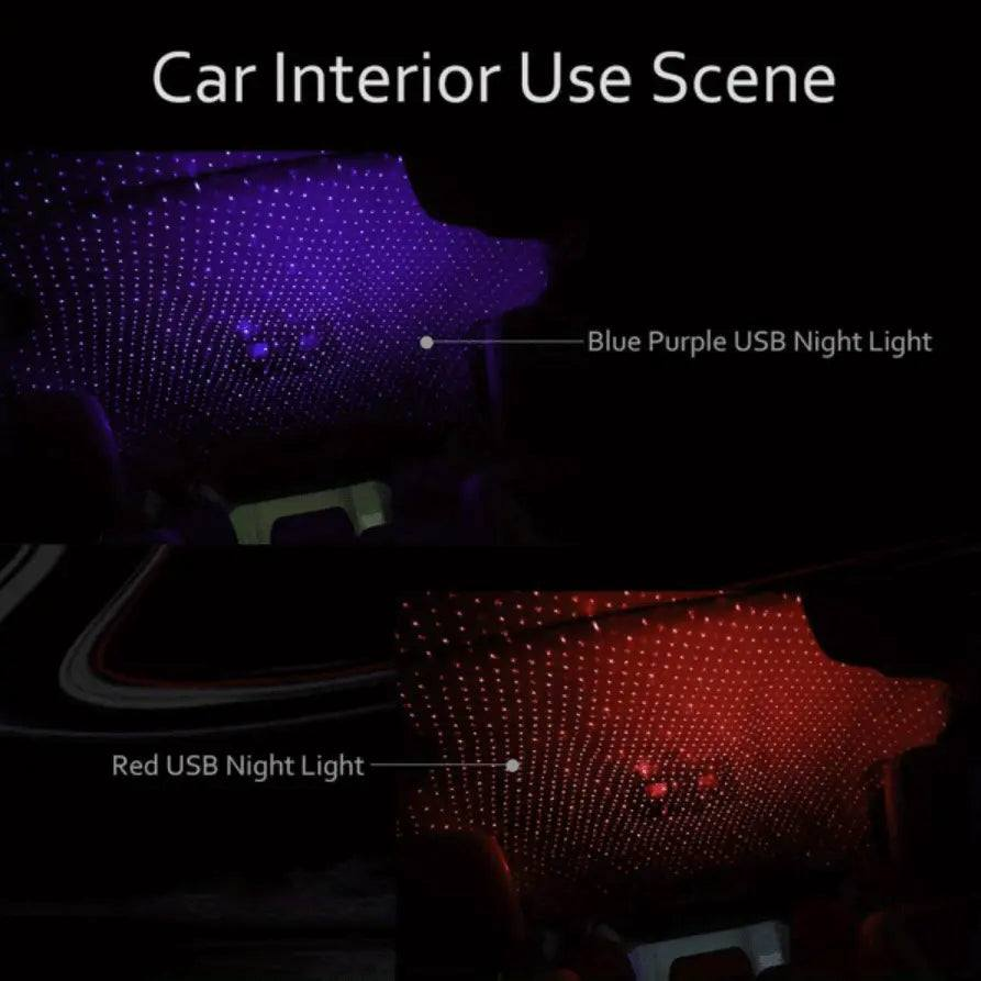 Car interior with blue and red star projections from USB Star Projector Night Light.