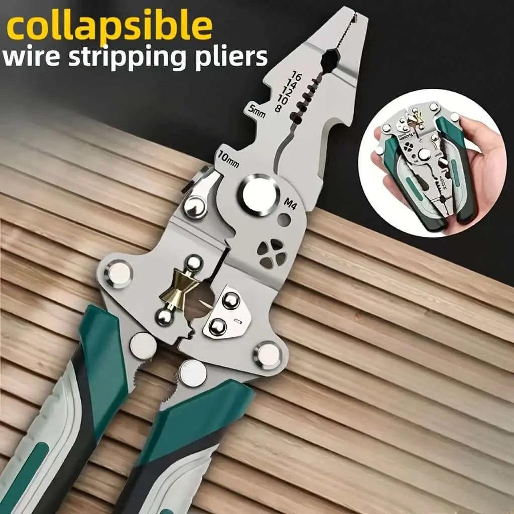 Stainless steel multi-functional wire cutter and stripping pliers tool on wooden surface.