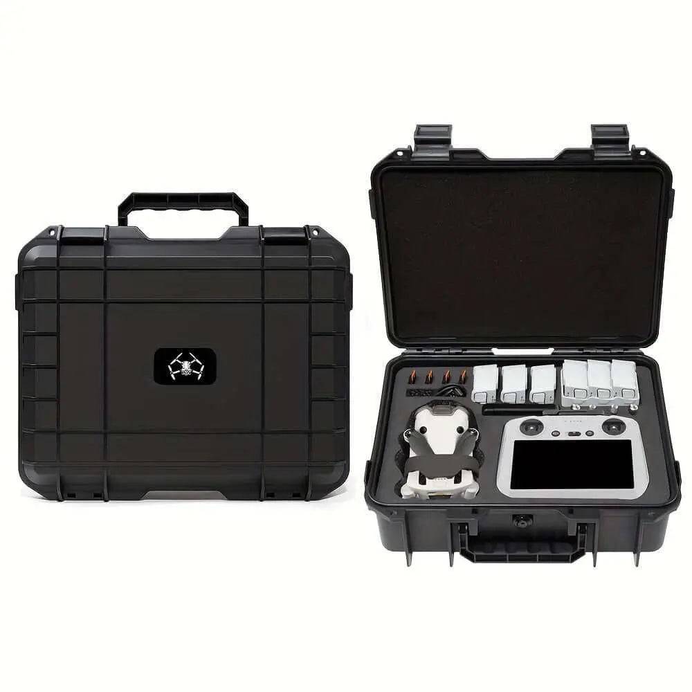 Waterproof explosion-proof hard shell case for DJI Mini 4 Pro with organizing compartments.