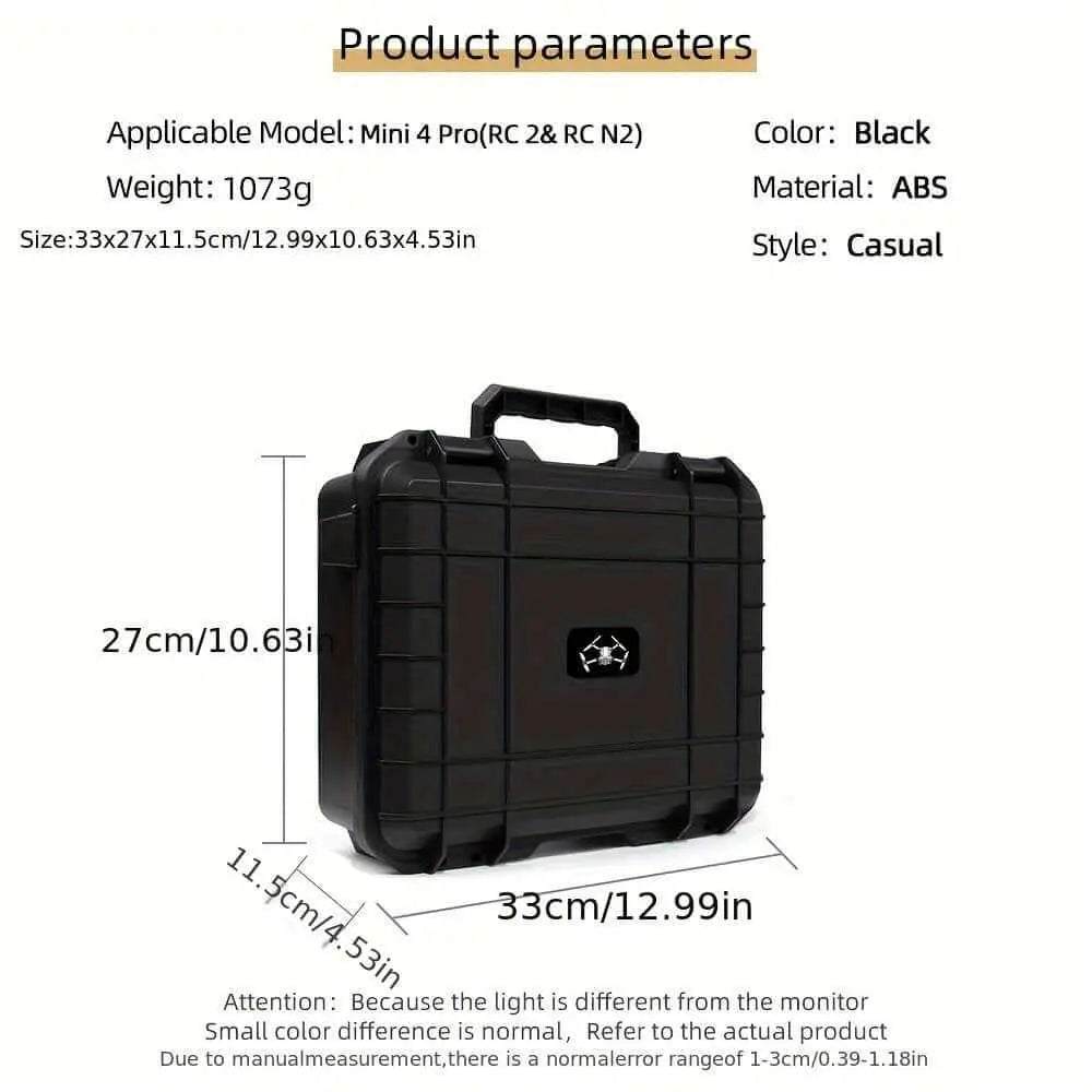 Waterproof and explosion-proof hard shell case for DJI Mini 4 Pro, featuring shockproof design and multiple compartments.