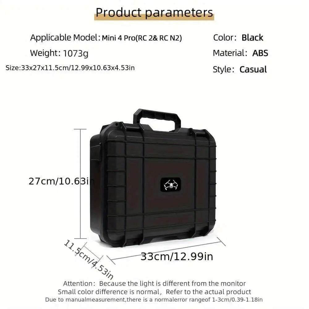 Explosion-proof waterproof hard shell case for DJI Mini 4 Pro, black, durable ABS material, protective storage for drone and accessories.