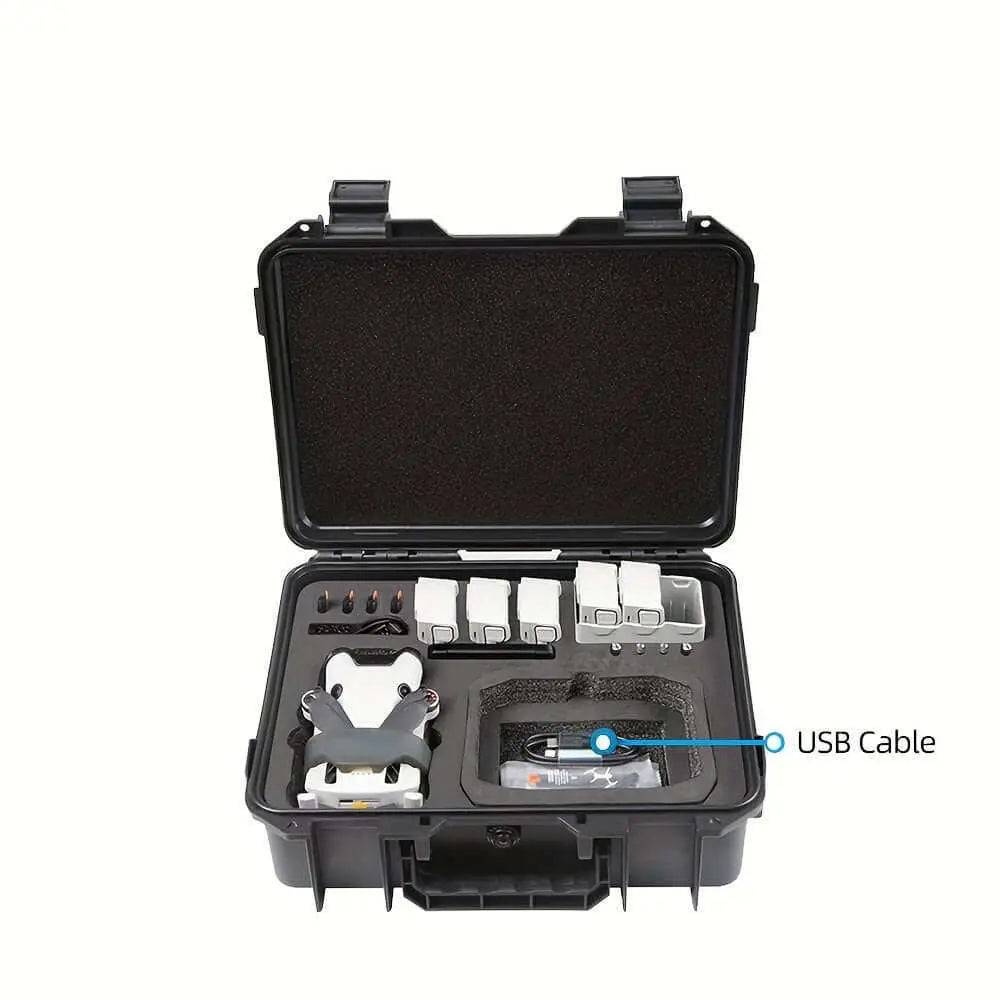 Waterproof explosion-proof hard shell case for DJI Mini 4 Pro with organized compartments.