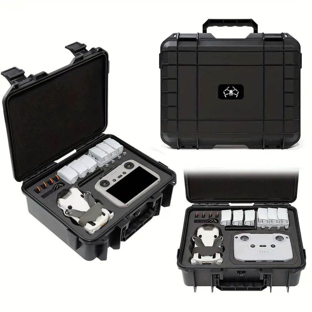 Explosion and waterproof hard shell case for DJI Mini 4 Pro with secure compartments for drone and accessories.