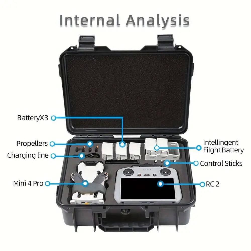 Durable waterproof hard shell case for DJI Mini 4 Pro drone with organized compartments.