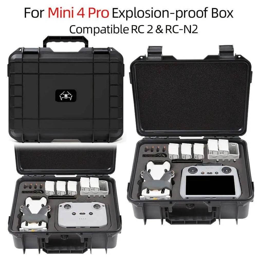 Waterproof hard shell case for DJI Mini 4 Pro with shockproof design and custom compartments for drone and accessories.