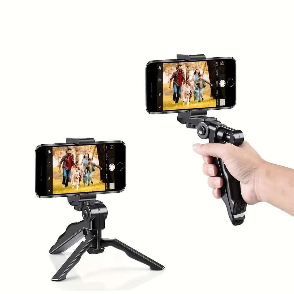 Durable 360° rotating anti-shake tripod camera holder with smartphone mounted.