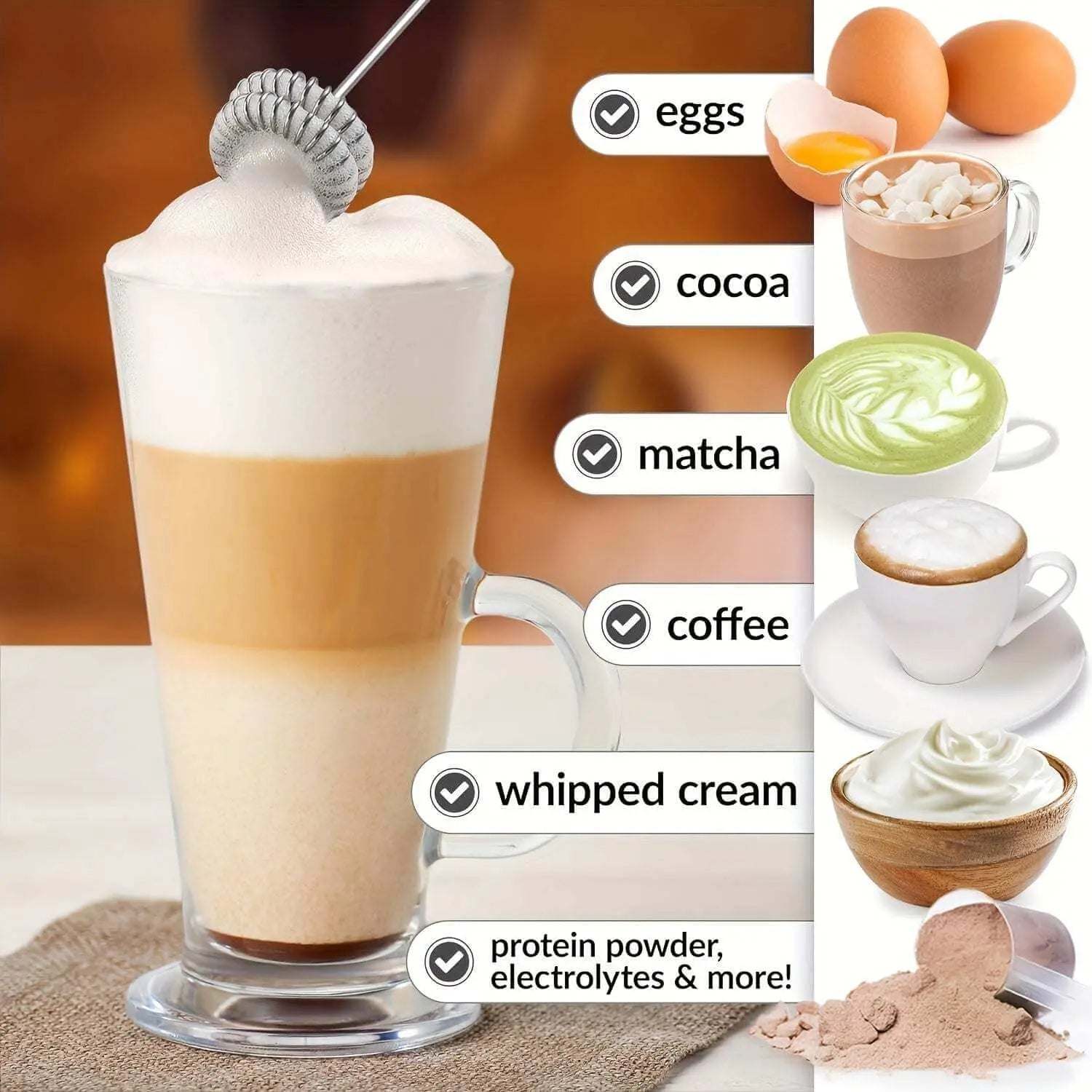 Handheld electric blender used for frothing eggs, cocoa, matcha, coffee, and whipped cream, with protein powder and electrolytes.