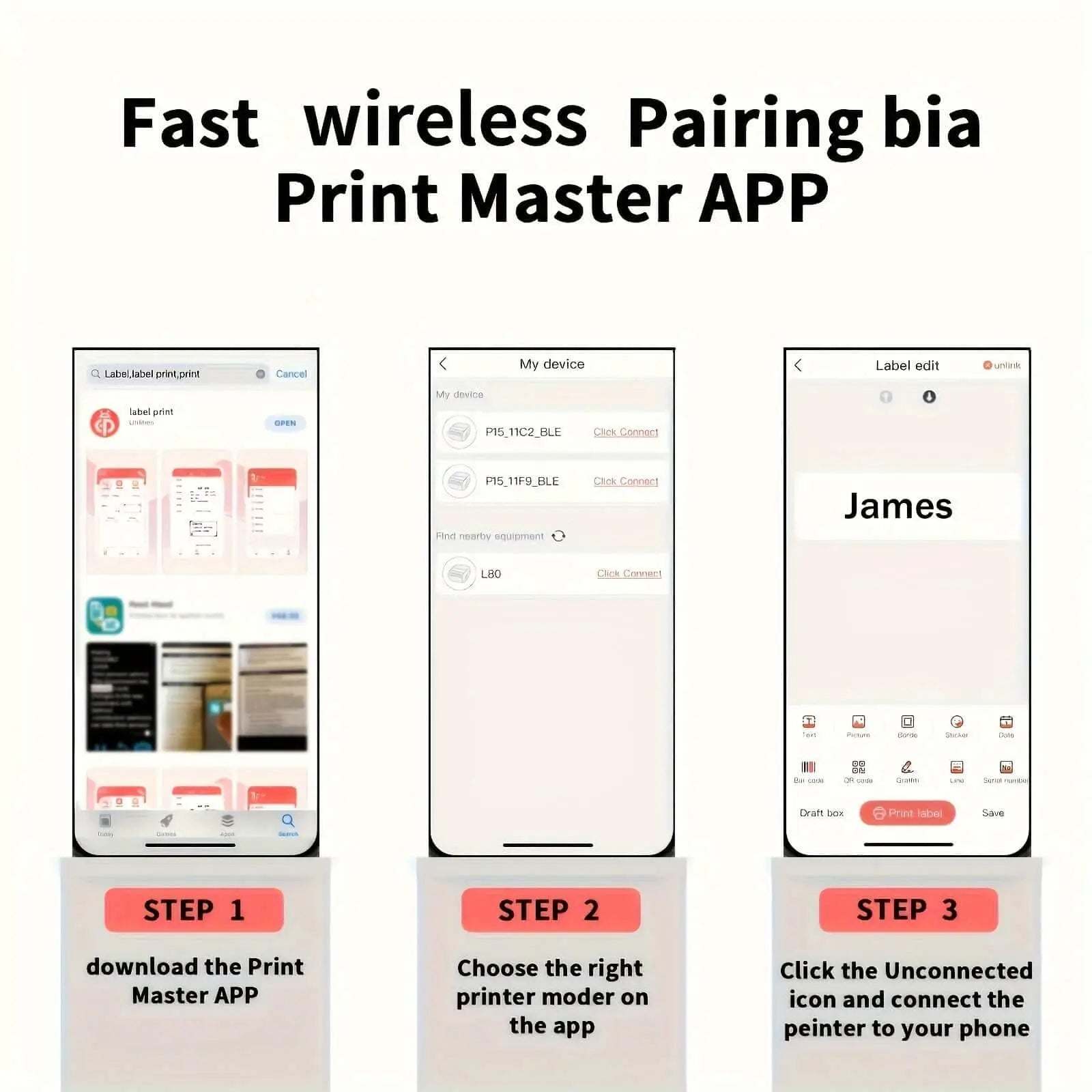 Portable wireless thermal label printer setup with Print Master App instructions.