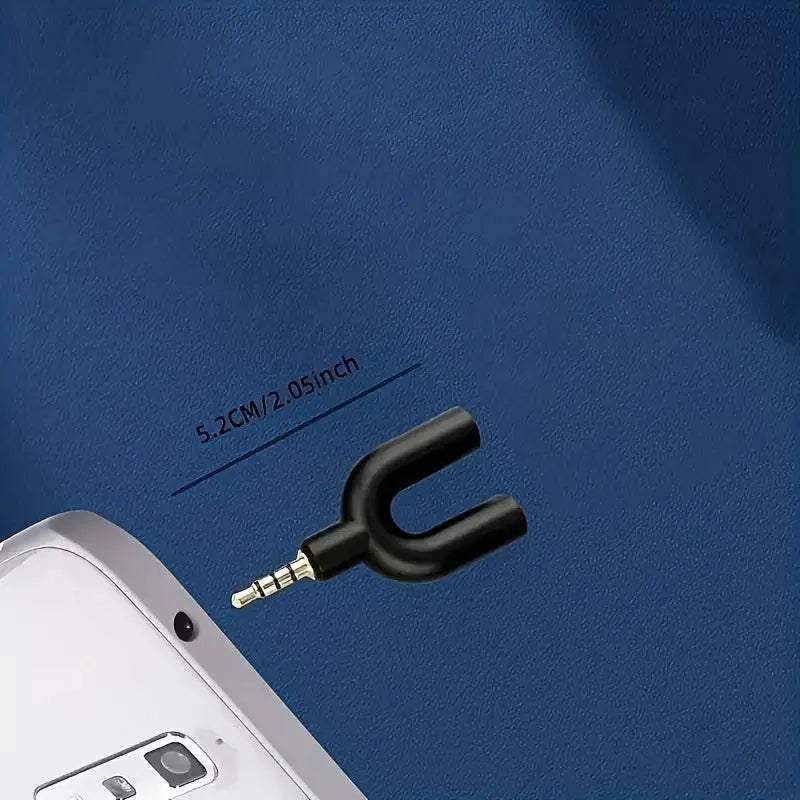 Compact headphone jack splitter for multiple headphone output with microphone connector.