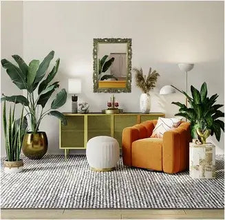 Modern living room featuring an orange chair, plants, and stylish decor in a bright, inviting space.