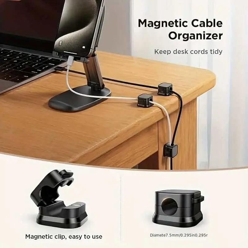 Magnetic charging cable clips organizing cords on a desk, showing easy attachment and versatile use.