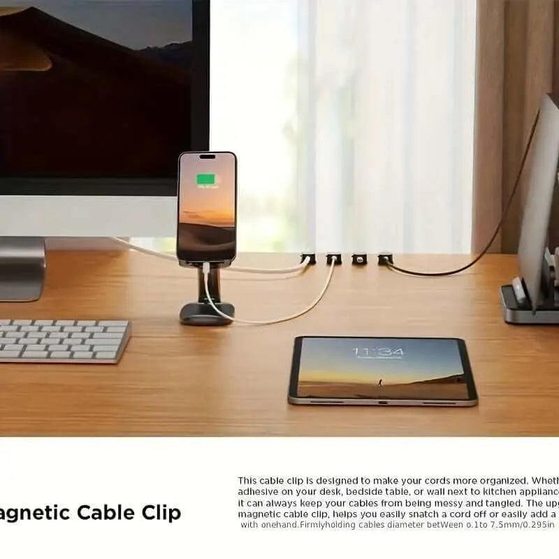 Magnetic charging cable clips organizing cables on a tidy workspace.