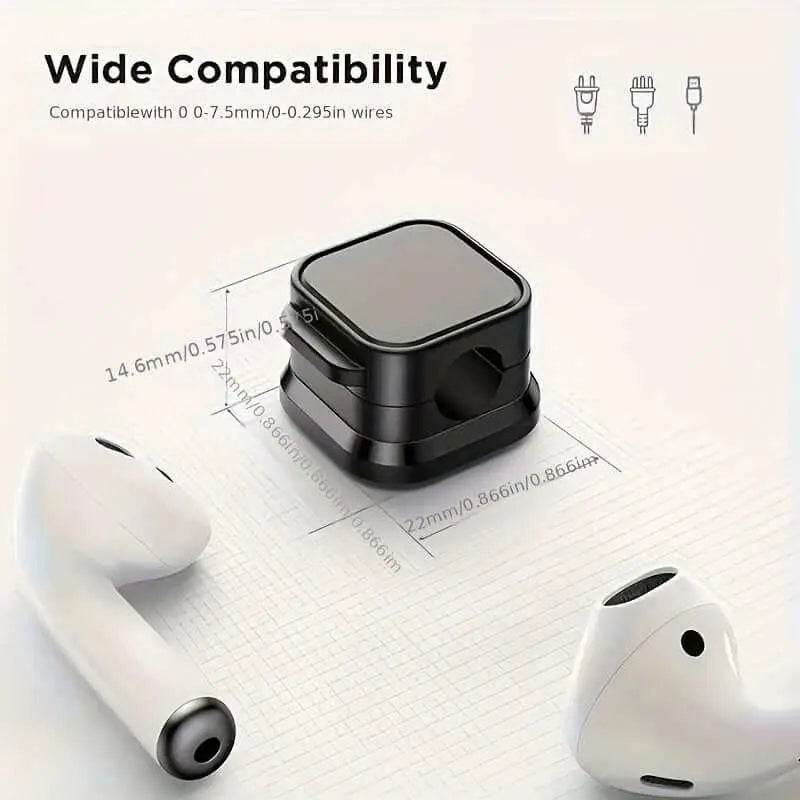 Magnetic charging cable clips with earbuds, showcasing wide compatibility with various wire sizes.
