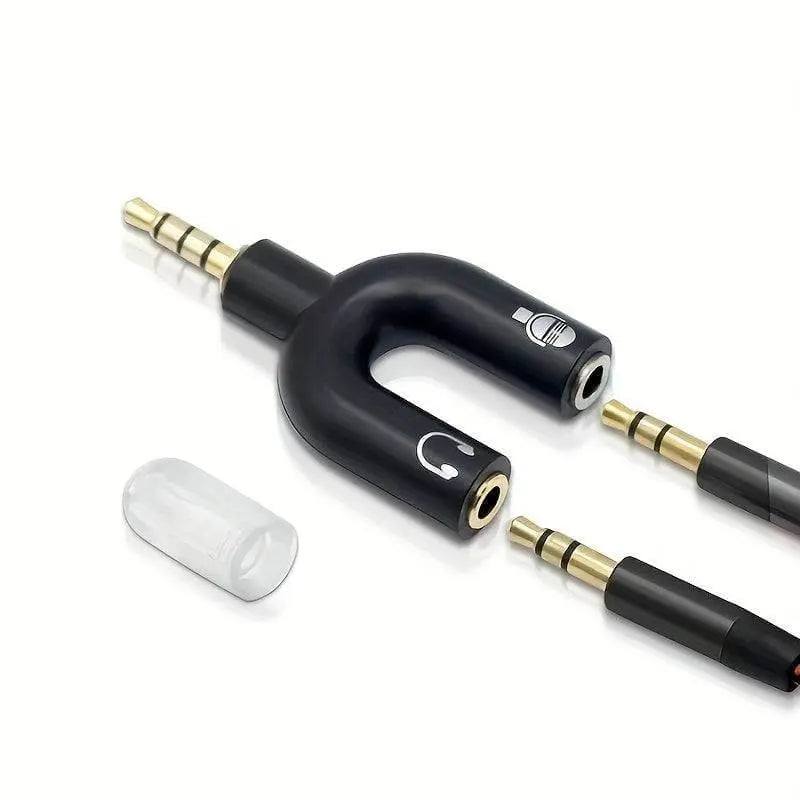 Headphone jack splitter with microphone connector for multiple headphone output.