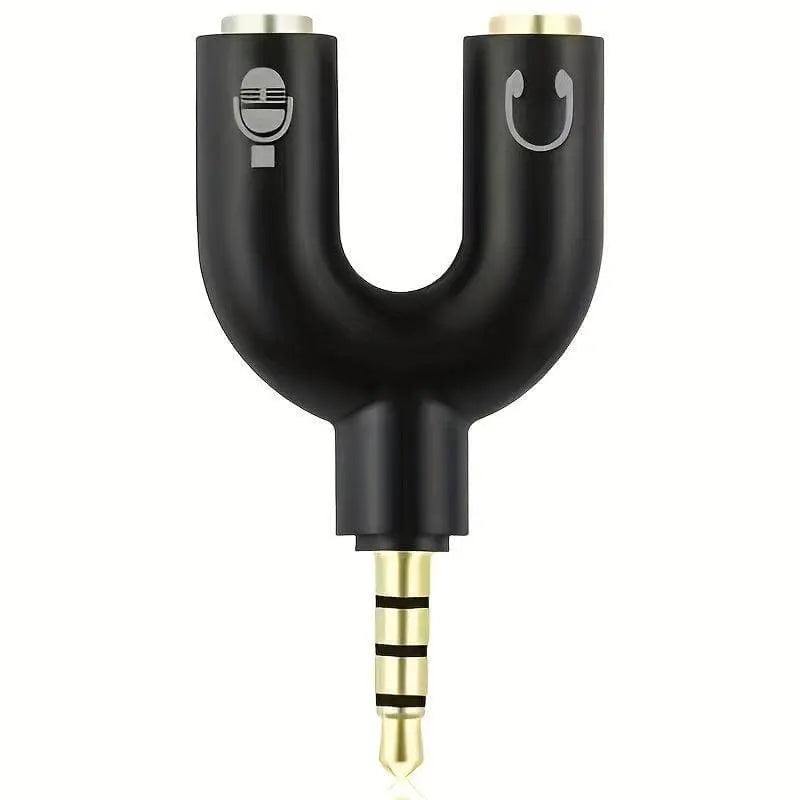 Headphone jack splitter with microphone connector for multiple headphone output.