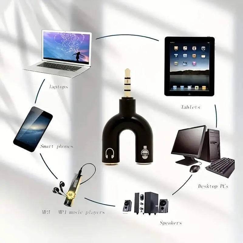 Headphone Jack Splitter with Microphone Connector for laptops, tablets, and smartphones.