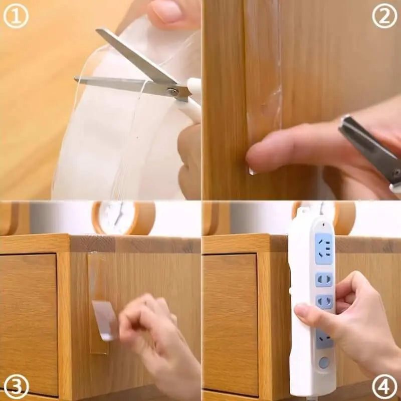 Nano Double-Sided Tape used for mounting and organizing on wood surface.