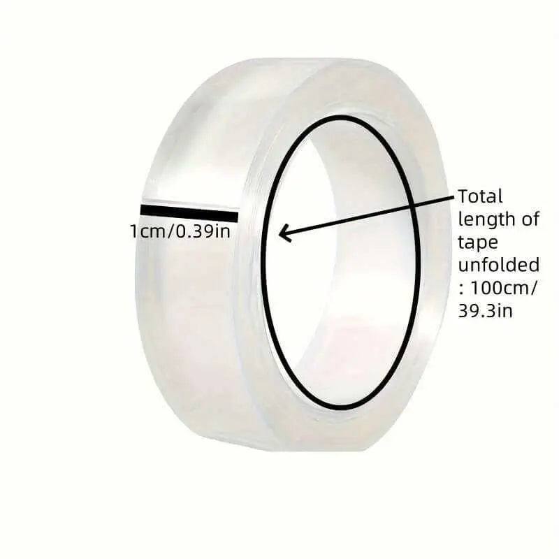 Nano Double-Sided Tape, clear roll, 1 cm width, 100 cm length, versatile adhesive for various surfaces.
