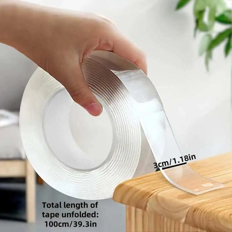 Nano Double-Sided Tape for versatile mounting on various surfaces, shown with easy application.