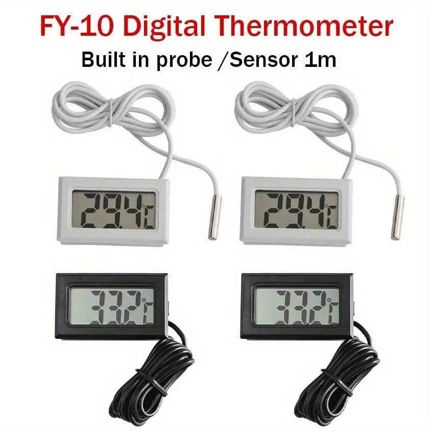 Mini LCD Digital Thermometer with built-in probe and 1m sensor, available in black and white.