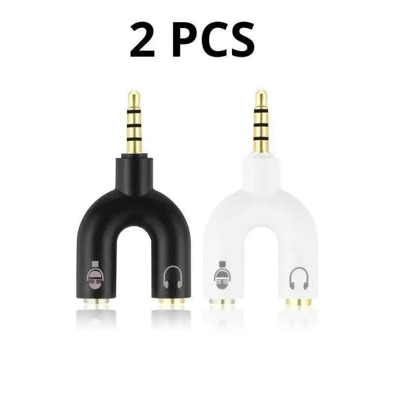 Dual headphone jack splitter in black and white, ideal for connecting headphones and microphones to a single audio output.