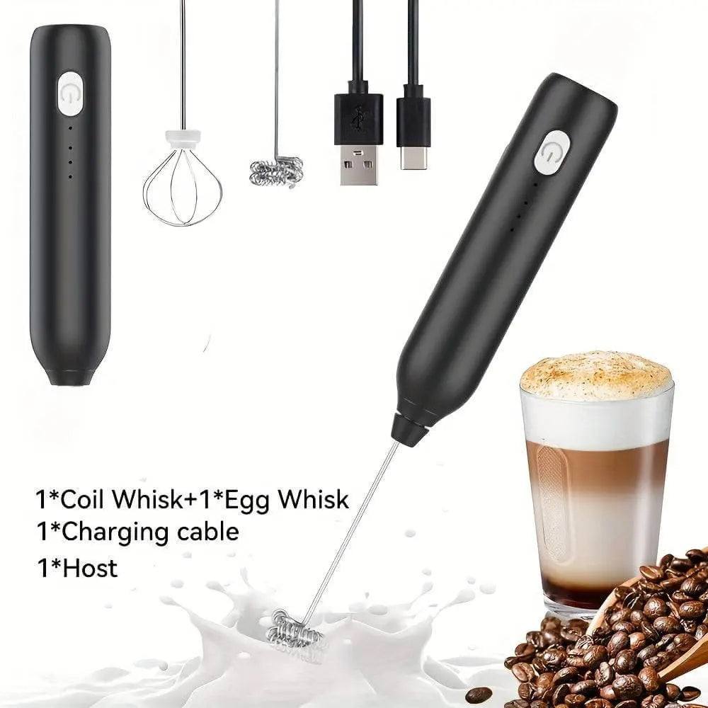 Handheld electric blender with USB charging, coil whisk, egg whisk, and latte preparation.