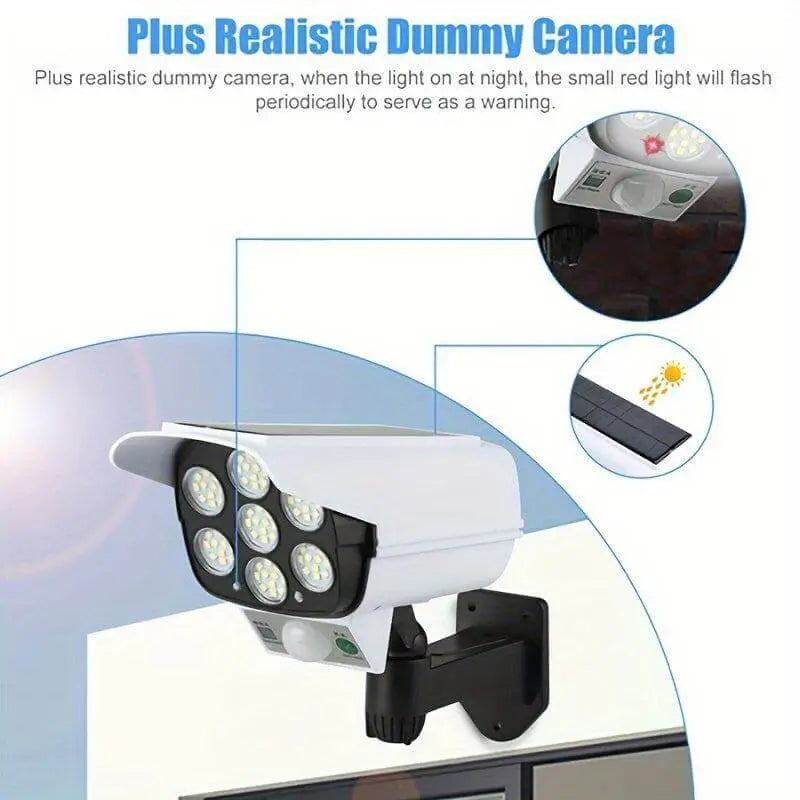 Solar-powered LED spotlight with motion sensor and dummy camera.