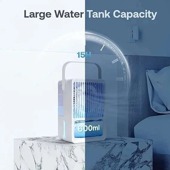 Portable air conditioner with large water tank capacity on a desk, ideal for personal cooling.