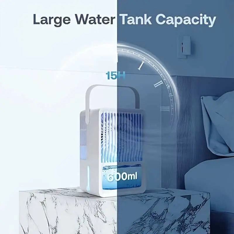 Portable air conditioner with large water tank capacity on marble table.